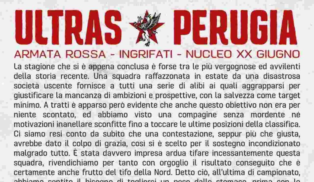 Curva Nord Perugia al vetriolo: “Stagione vergognosa, ora basta”